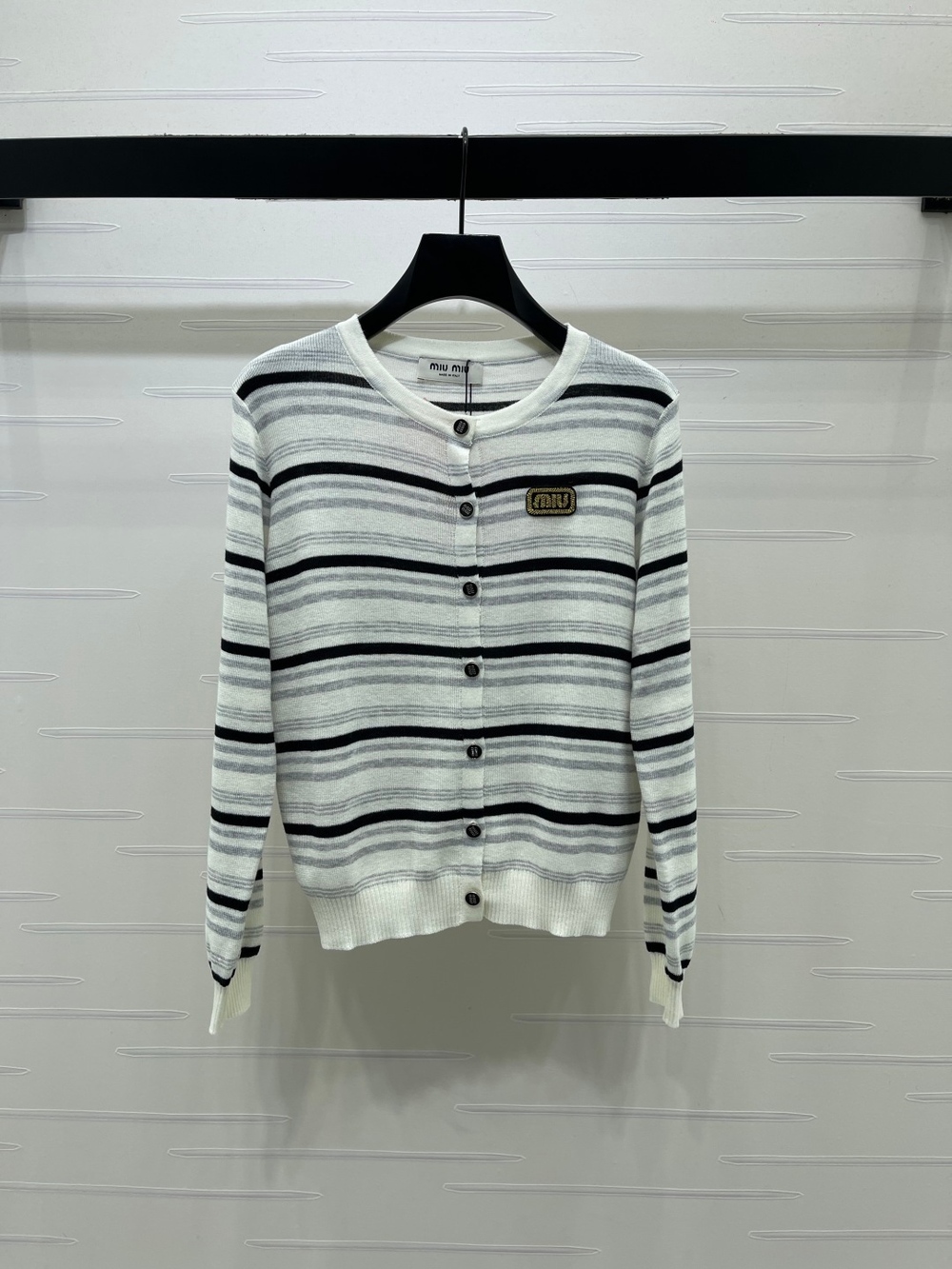 Miu Miu White Black Grey Striped Crew Neck Knit Cardigan